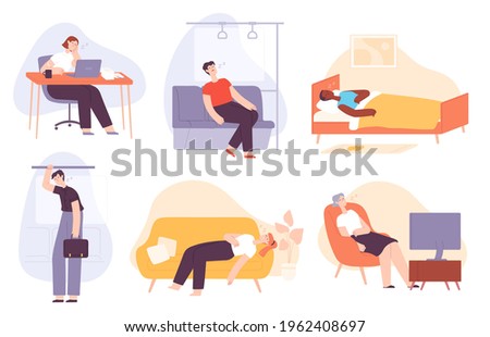 Sleepy people. Tired, lazy and sleeping man and woman at home, in bed, in transport, office worker. Bored and burnout adults flat vector set. Male and female characters going to work, watching TV