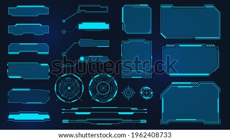Futuristic frames. Cyberpunk HUD square screen, callout, title and radar. Digital info box and sci fi UI panel. Virtual interface vector set with panels and hologram window or display