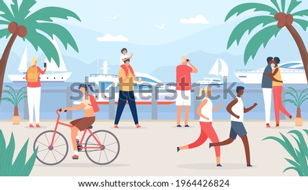 People walk on sea quay. Family and couple tourist at vacation look at sail boats. Seaside summer travel in tropic shore flat vector concept. Person taking photos of yachts, woman riding bike