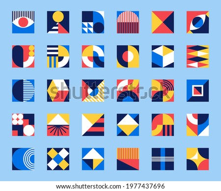 Bauhaus forms. Square tiles with modern geometric patterns with abstract figures and shapes. Contemporary graphic bauhaus design vector set. Circle, triangle and square lines art collection