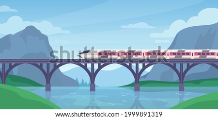 Train on bridge. Mountain landscape with speed electric train on railway. Fast railroad transport. Traveling adventure trip vector concept. Illustration train on bridge rail, railway landscape