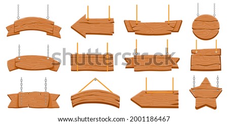 Wood signboards hanging on rope. Wooden blank banners and arrow signs. Round and star shaped board on chain. Old rustic signboard vector set. Wood signboard, banner wooden texture hang on chain
