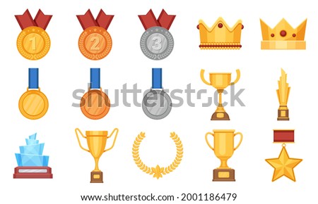 Trophies and medals. Award prize flat icon, olympic gold, silver and bronze medal with ribbon. Winner cup, glass reward and crown vector set. Prize award, success cup and medal, winner of reward