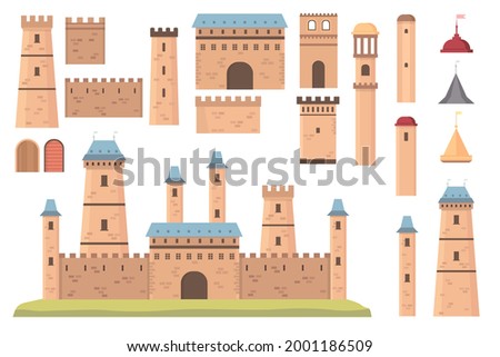 Castle constructor. Medieval architecture, towers with flags, walls and doors. Old historical bastion building, fortress vector set. Architecture castle, tower and stronghold construction illustration