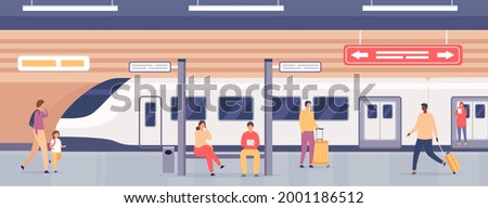 Subway platform with people. Passengers on metro station waiting for train. City underground public railway transport, flat vector concept. Illustration people commuter transportation by railway