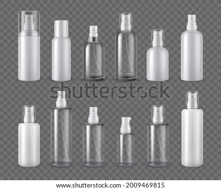 Spray bottles. Realistic cosmetic aerosol, deodorant or sprayer clear bottle package mockups. 3d plastic cream dispenser with cap vector set. Illustration container cosmetic aerosol and spray