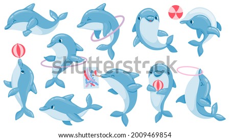 Dolphins with balls. Cute cartoon blue dolphin character play, jump through hoop and draw. Marine animal dolphinarium performance vector set. Dolphin show performance jump hoop illustration