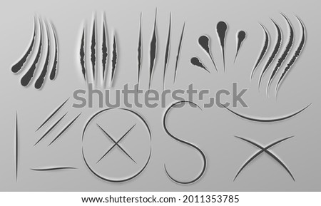 Realistic paper knife cuts. Wild animal claw scratches, slice line and sharp blade cross wound. Paw slash and beast attack marks vector set. Illustration scratch paper and torn by animal claw