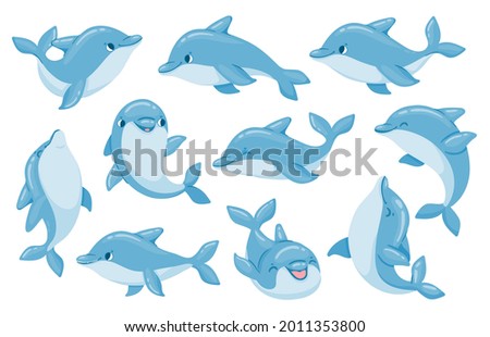 Dolphin characters. Funny dolphins jump and swim poses. Oceanarium show mascot underwater animal. Cartoon bottlenose baby dolphin vector set. Illustration characters dolphin,animal, mammal funny