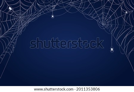 Spider web banner. Halloween spooky decorated background with cobwebs in corners and hanging spiders. Scary spiderweb frame vector pattern. Spider halloween scary and horror banner illustration