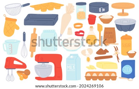 Flat baking ingredient, kitchen utensil and food product. Mixer, rolling pin, brown sugar flour and butter. Cooking pastry recipe vector set. Illustration of preparation ingredient sugar and soda