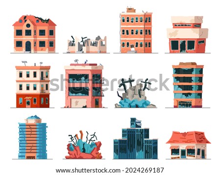 Old ruined, abandoned and collapsed city office buildings. Apartment houses damaged war or earthquake. Broken town buildings vector set. Illustration of abandoned building after collapse destruction