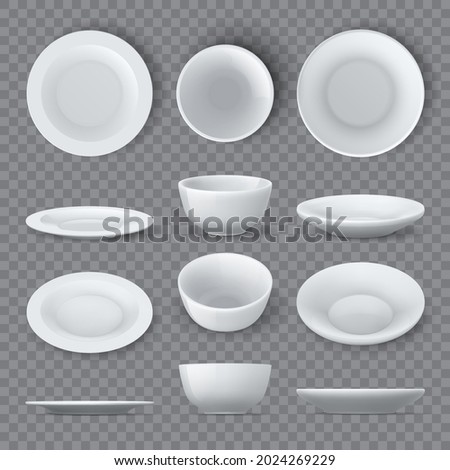 Dinner plates mockups. Realistic white ceramic dishes and empty bowl top, angle and side views. Porcelain round tableware dish 3d vector set. Illustration of realistic porcelain tableware