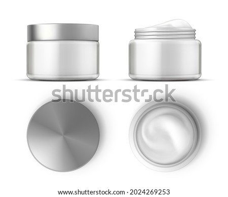 Cosmetic cream in white jar top and front views mockup. Realistic skin care product package. Round open container with cream gel vector set. White cream, cosmetic jar product for beauty Foto stock © 