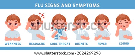 Flu disease symptoms with ill kid boy character. Cartoon child with fever, snot, cough and sore throat. Influenza or cold vector infographic. Illustration of symptoms kid, flu or infection illness