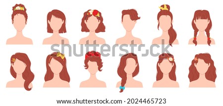 Flat woman hairstyles with flower, ribbon and bow accessory. Young female haircut with hair pins, ties and bands. Girl hairstyle vector set. Illustration of hairstyle head, character avatar portrait