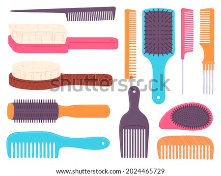 Cartoon hairbrushes and professional comb for hair styling. Curling and style brush. Hairdresser, stylist and beauty salon tools vector set. Illustration of hairbrush and comb, haircut and grooming