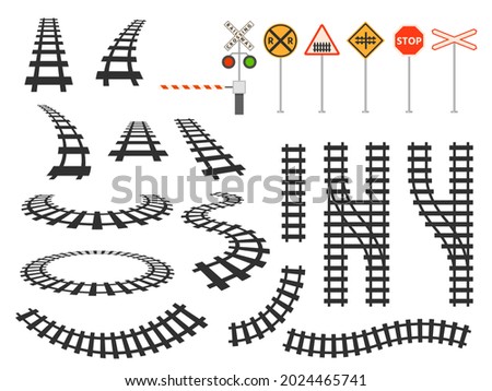 Train railway tracks curved silhouette, barrier and road signs. Railroad perspective and top map view. Tram winding roads element vector set. Illustration of rail curve track, railroad line