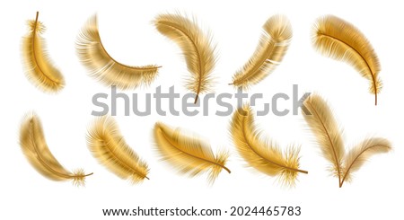 Realistic 3d fantasy bird fluffy golden feathers. Decorative gold glamour chic plume. Flying, falling and twirling soft feather vector set. Illustration of feather realistic, fluffy plumage