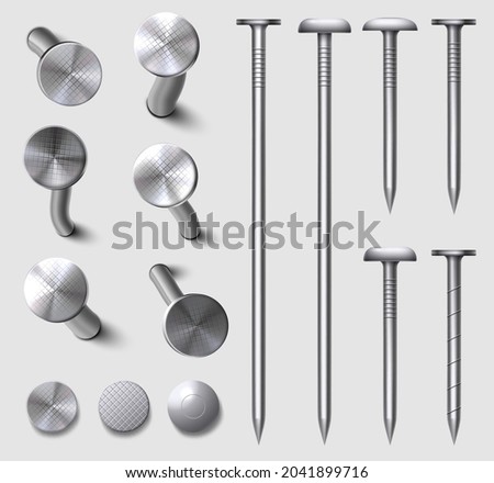 Realistic 3d straight and bent metal nails in wall. Hammered steel and iron curved nail pins and heads top view. Metallic hardware vector set. Industrial equipment or tool for fixing or repairing Stock foto © 