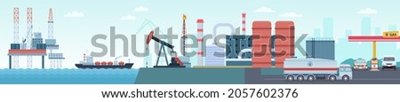 Oil petroleum industry extraction, production and transportation infographic. Sea rig, tanker, refinery plant and gas station vector concept. Fuel tanker ship delivering oil to factory