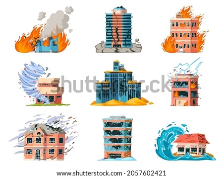 Natural disasters damage city building, earthquake, hurricane and fire. Home insurance for catastrophe, tornado or flood accident vector set. Ruined broken houses in emergency situations