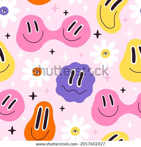 Melted smiley faces and flowers, trippy seamless pattern. Retro hippie psychedelic distorted emoji. Lava lamp smiley face vector wallpaper. Happy facial expression with chamomiles hallucinations