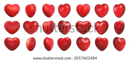 Valentines day love symbol, 3d hearts rotation. Realistic romantic emoji, red heart icon front and spin angle view. Wedding decor vector set. Object spin animation for gaming isolated on white