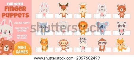 Finger puppets forest animals for paper cut kids activities. Home theater with handmade cartoon toys. Children craft education vector page. Kindergarten entertainment with bear, lion and monkey