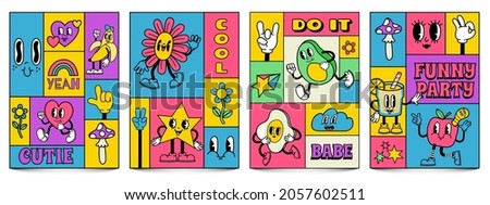 Mosaic trendy posters with funny crazy cartoon characters. Complementary doodle covers with retro comic faces and hands in gloves vector set. Retro flowers, stars and lemonade with facial expressions