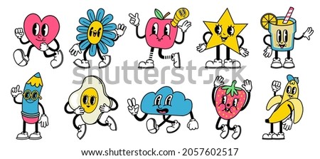 Trendy abstract cartoon. Bright comic heart, star, apple and pencil mascots with funny faces vector set. Running, jumping and walking characters with happy, cheerful facial expressions