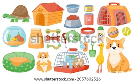 Cartoon pet food, accessories, care items, toys and treats. Animal shop supplies, collar, dog grooming, hamster cage and aquarium vector set. Store with products for turtle and fish