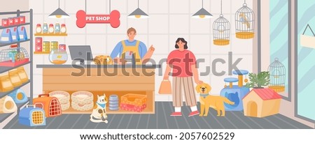 Pet shop inside interior with cashier and customer with dog. Animal food, accessory and toys in store. Cartoon zoo supermarket vector scene. Customer buying food for domestic animal