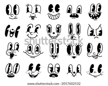 Retro 30s cartoon mascot characters funny faces. 50s, 60s old animation eyes and mouths elements. Vintage comic smile for logo vector set. Smiley caricatures with happy and cheerful emotions Stock foto © 