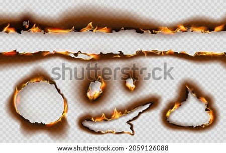 Realistic burning paper page edges and hole with fire. Parchment burnt effect with flame and ash. Torn and scorched paper texture vector set. Smoldering paper sheets frames or borders 商業照片 © 