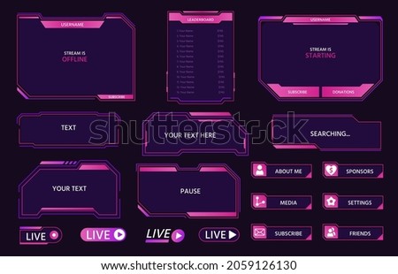 Live stream interface overlay frames for gamer broadcast. Cyber hud screen, panels, buttons and icons design for game streaming vector set. Technological dashboard with windows and place for text