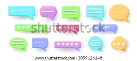 3d speech bubbles for chat messages and like button. Balloon with social network hearts rating. Conversation notification frame vector set. Dialog, comments windows of different shapes