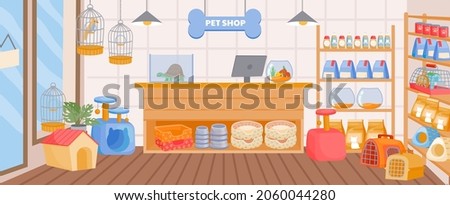 Cartoon pet store interior with counter desk and shelves. Empty animal shop indoor with accessory, toy, food. Zoo supermarket vector concept. Tools, products and snacks for domestic animals
