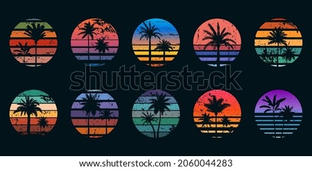 Retro 80s sunsets with palm trees silhouettes for t-shirt prints. Vintage surf design. Tropic summer sundown or sunrise gradient vector set. Ocean beach with tropical leaves and sunset