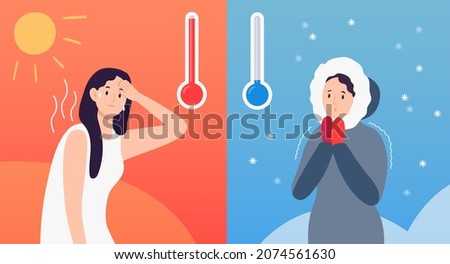 Hot and cold weather concept with thermometers and cartoon character in seasonal clothing. Woman sweating in summer and freezing in winter. Outdoor temperature with scorching sun and snow vector
