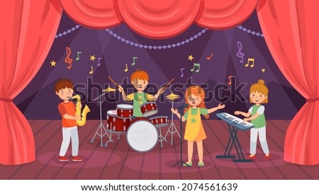 Cartoon kids music band on theatre stage with curtain. Boys playing drums and saxophone, girls playing keyboard and singing with microphone. Characters with musical instruments vector