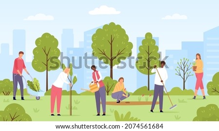 Flat ecology volunteers planting trees and flowers in city park. Public community do spring gardening. People work in garden vector scene. Man and woman growing and watering plants