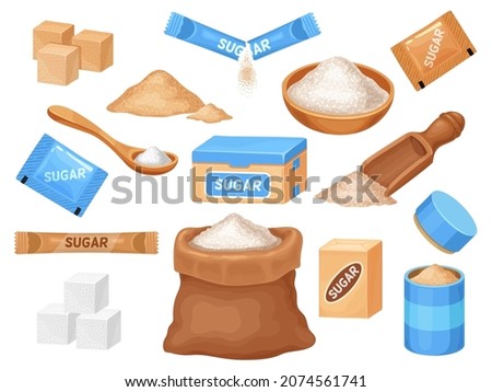 Cartoon white and brown sugar in cubes, bag, bowl and spoon. Salt and sweet cooking ingredient in packages. Granulated cane sugar vector set, Sack with product heaps, stick for drink