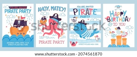 Cartoon pirate birthday party invitation cards for kids. Happy sea adventure posters with pirate ship, octopus, seagull and whale vector set. Baby holiday celebration with underwater characters