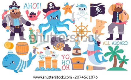 Cartoon pirate captain and sailor, skull, treasure chest and map. Adventure island, shark, octopus, flag and rum. Kids pirates vector set. Characters with barrels, parrot and saber