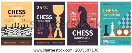 Chess tournament posters with game board and piece silhouettes. Strategy sport competition banners. Chess club match invitation vector set. Illustration of chess club banner