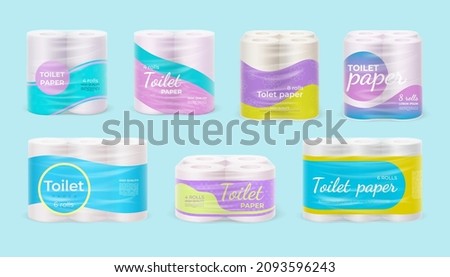 Realistic toilet paper roll package design templates. Plastic wrap for soft tissue rolls. Hygiene product container pack mockup vector set. Illustration of realistic roll paper for hygiene