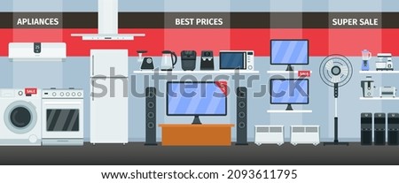 Home appliances and electronics product store interior with discount banner. Shop department with refrigerator and kitchen tech vector scene. Illustration of interior shop or store with equipment