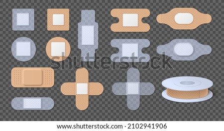 Realistic transparent and beige medical adhesive bandages and plasters. Round wound patches. Elastic antibacterial band aid tape vector set. Illustration of realistic patch adhesive