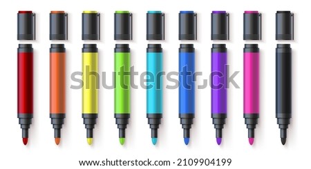 Realistic colorful permanent markers, drawing pen palette. Stationery highlighters. Children and artist painting tools colors 3d vector set. Bright pens for underlining and highlighting text